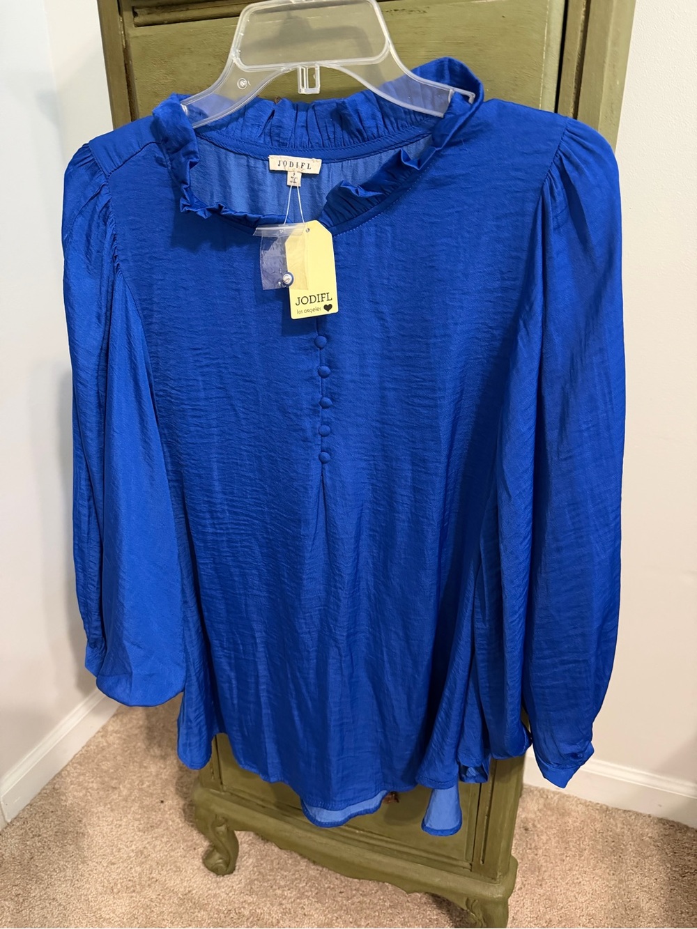 Jodifl Women's Ruffle Neck Blouse in Royal Blue NWT